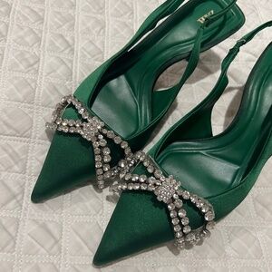 Zara green satin pumps with rhinestone bows